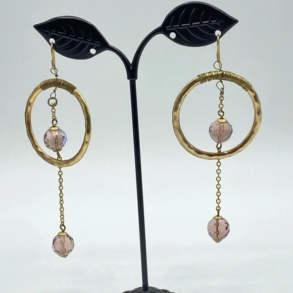 Hammered Gold Tone Hoop Earrings AB Pink Crystal Drop Bohemian Chic Boho Dangle - Picture 7 of 7